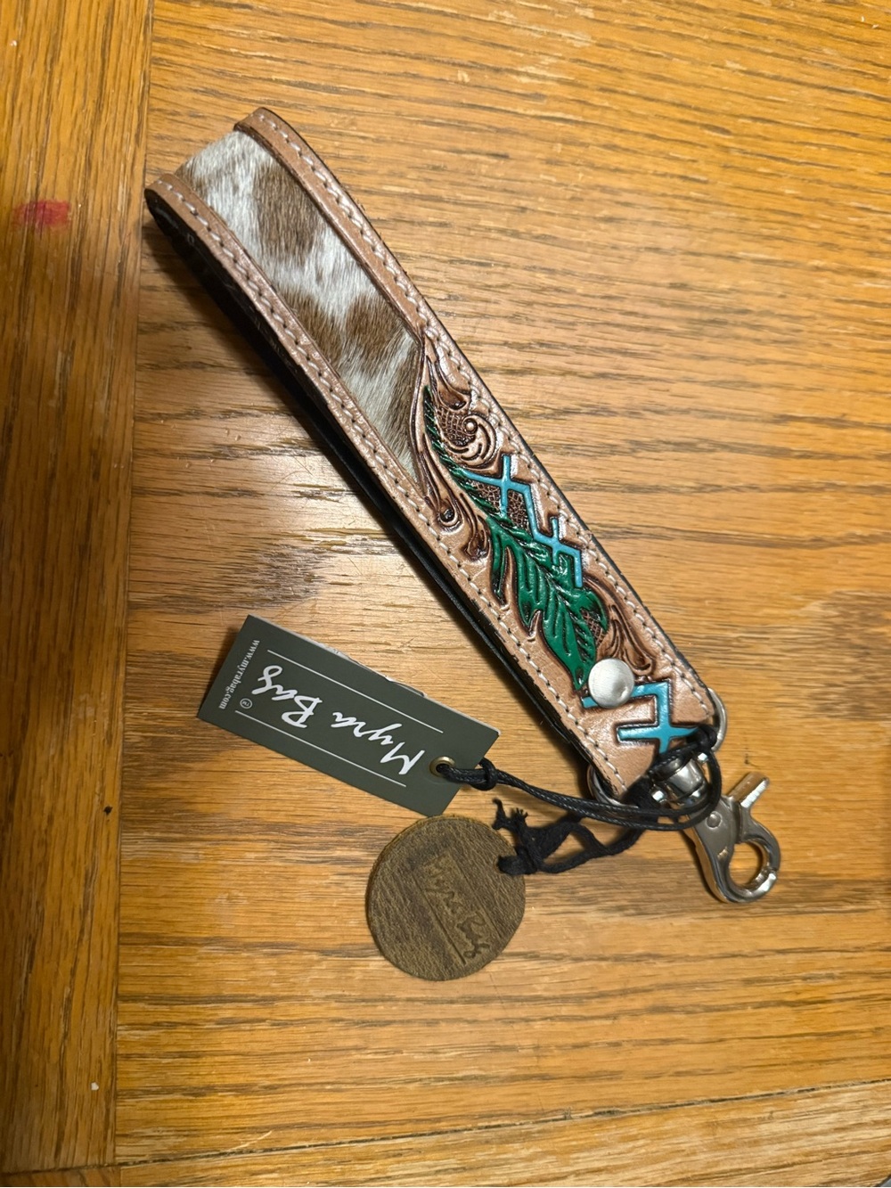 Myra Bag Brown Cowhide Wristlet with Turquoise & Green Tooled Leather